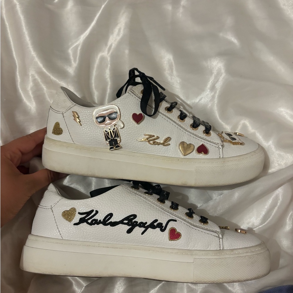 Karl Lagerfeld White Sneakers with Gold and Red Accents care pins lace up sneake